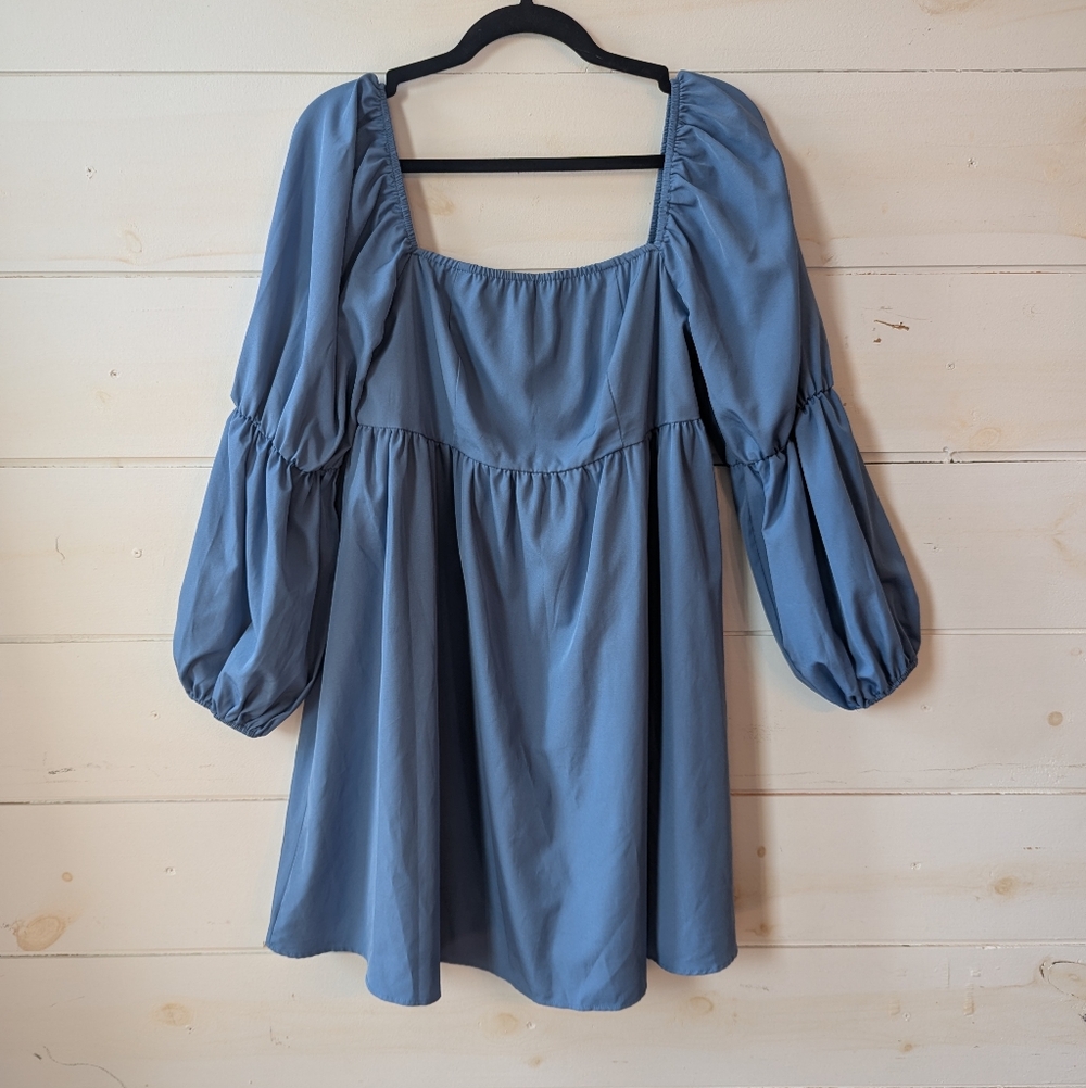 EXLURA Babydoll Dress Women’s L Blue Puff Sleeve Casual Boho